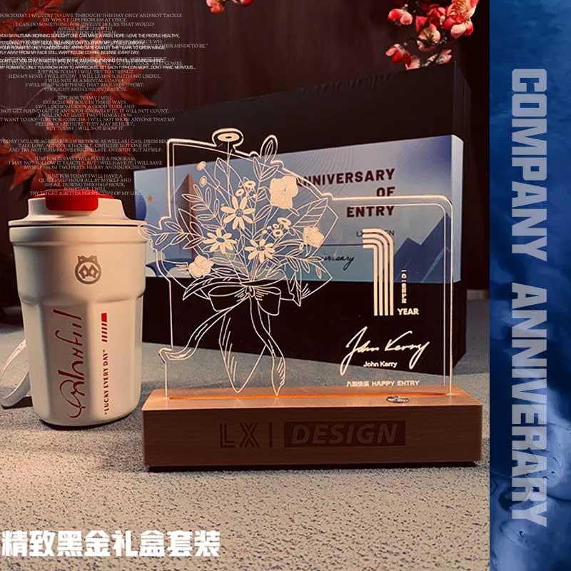 唯美感创意鲜花夜灯搭配咖啡杯可定制LOGO员工入职周年纪念妇女节